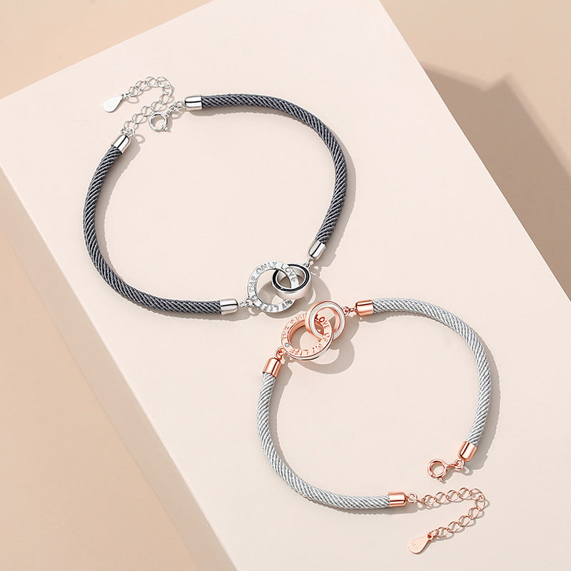 Double Circle Couple Hand Rope S925 Silver Bracelet